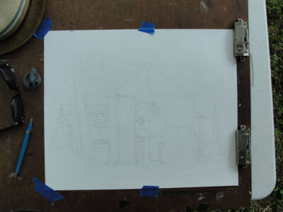 Though light, this deft pencil sketch of the greenhouse will soon guide the black walnut ink.